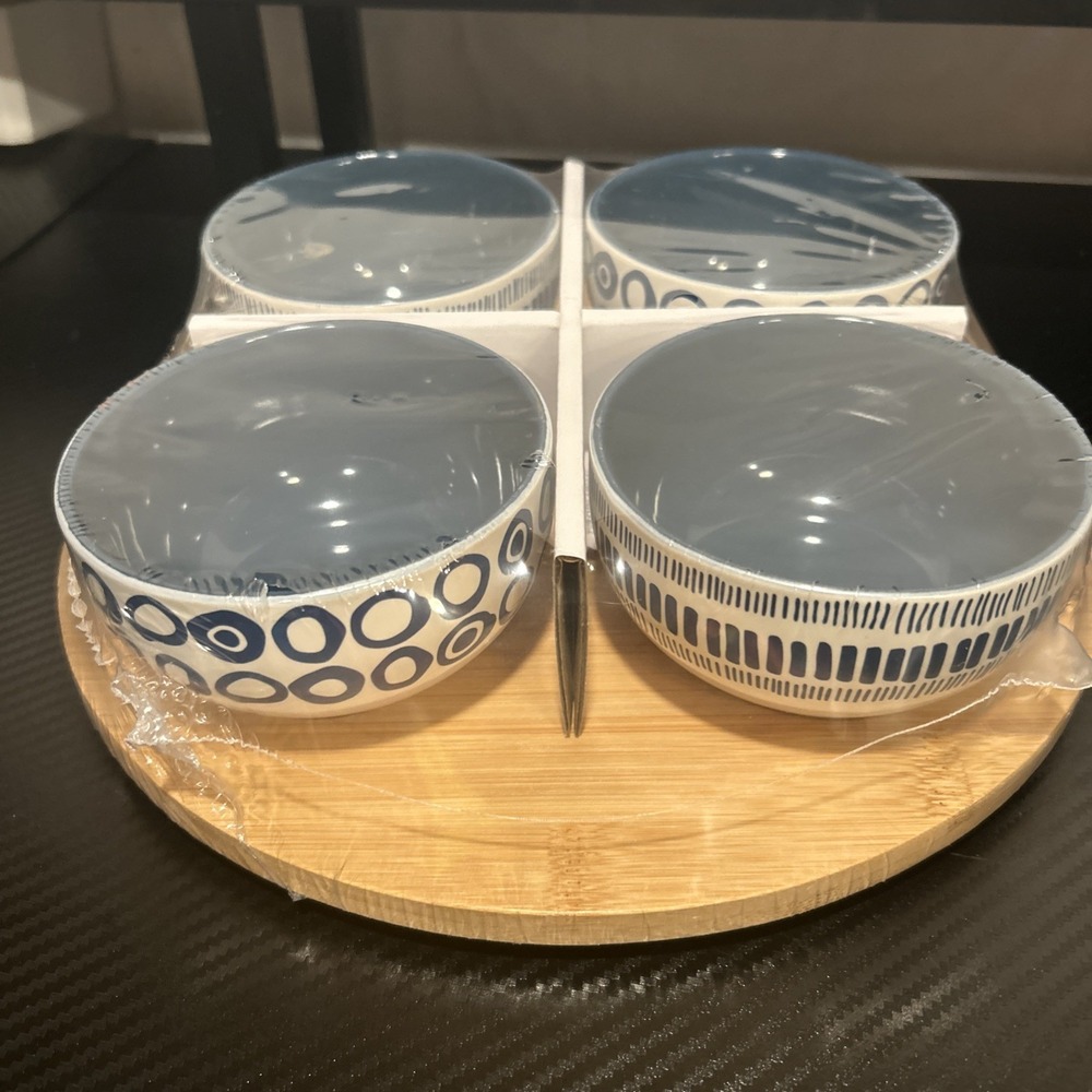 Beautiful Blue & White Hand Painted Design Appetizer Bowl Set With Lazy Suzan